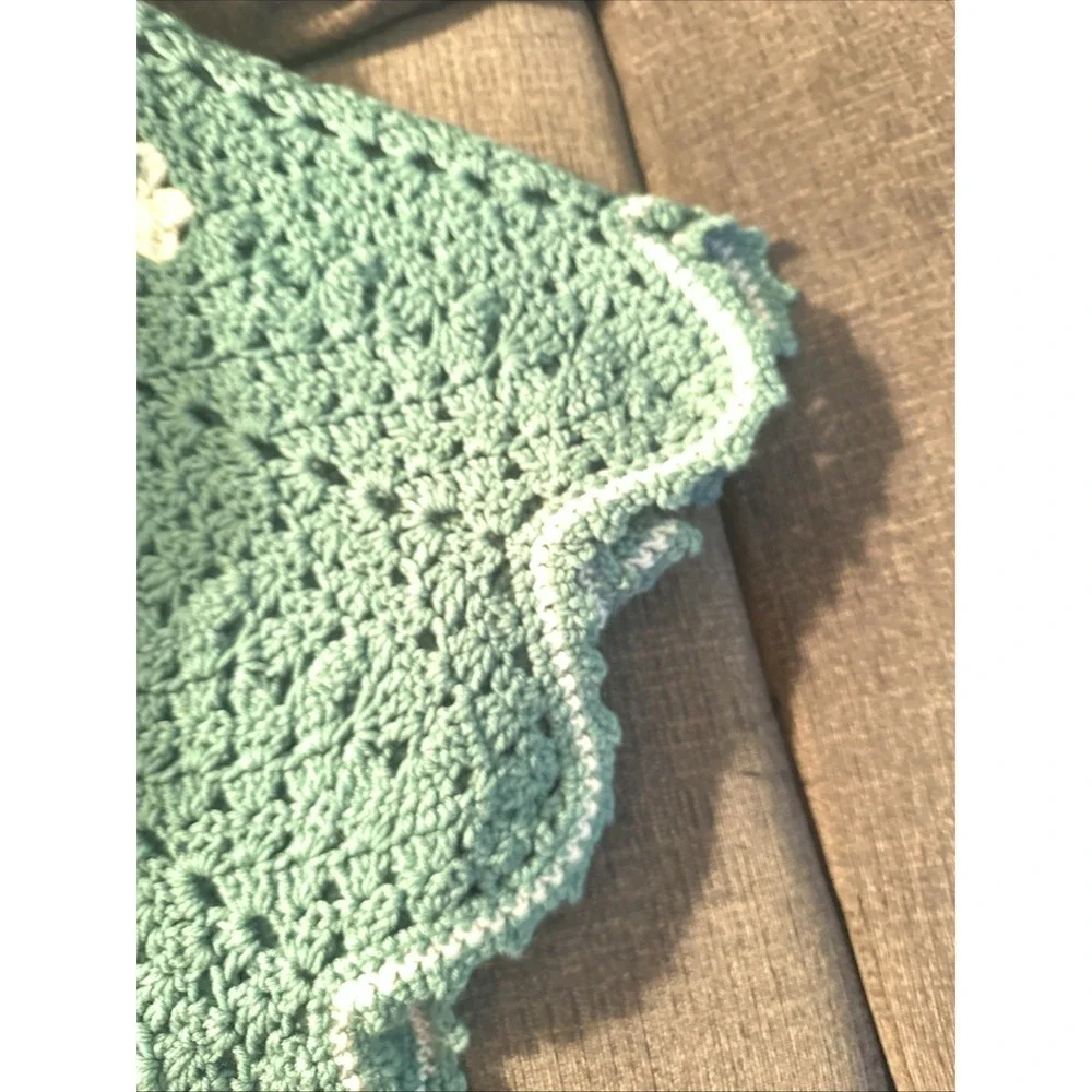 Hand Crocheted seafoam Green Afghan Ruffle 50