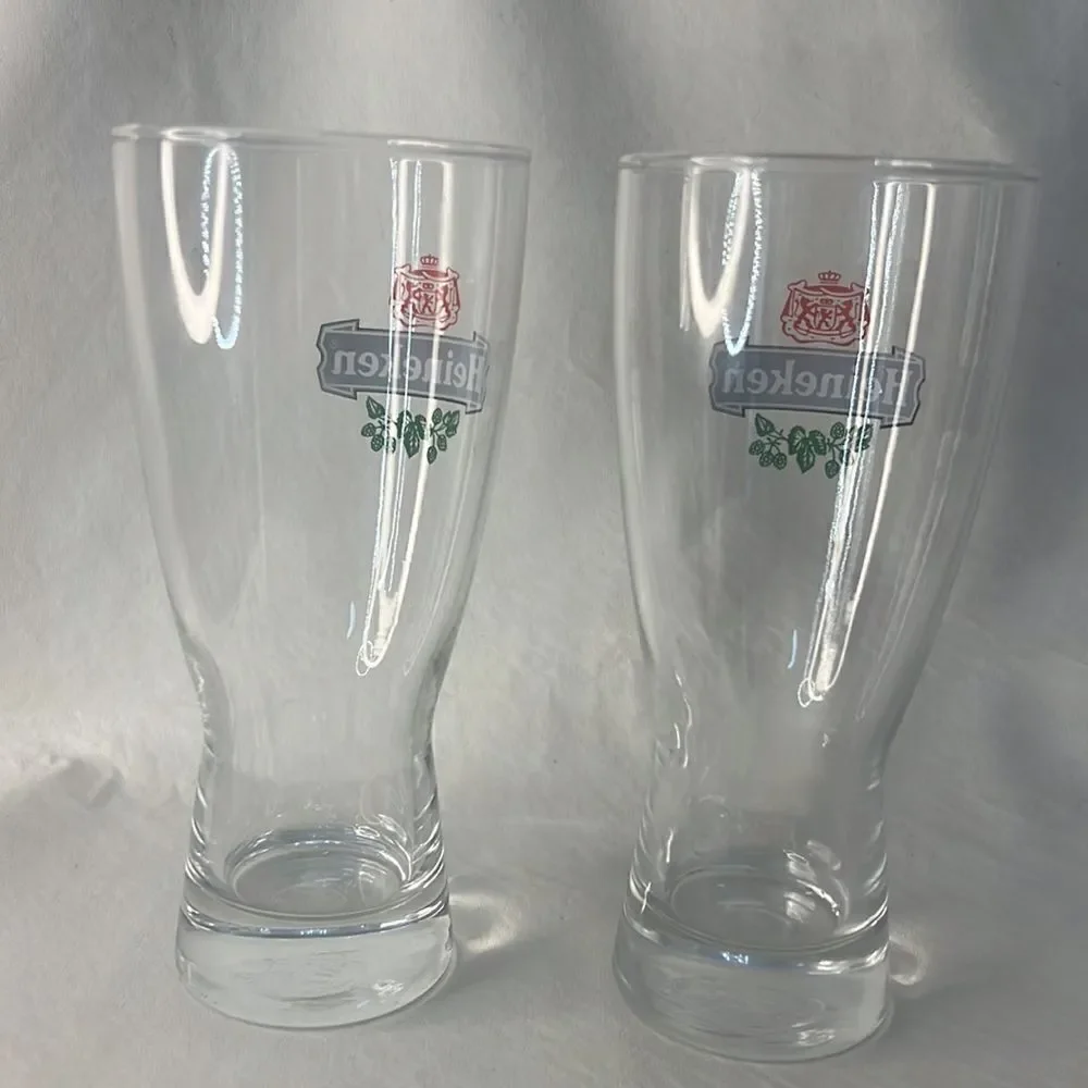 Heineken Beer Glasses Set 2 Red Black Green 12 Oz Each 6 1/2 In Tall 3 In Wide