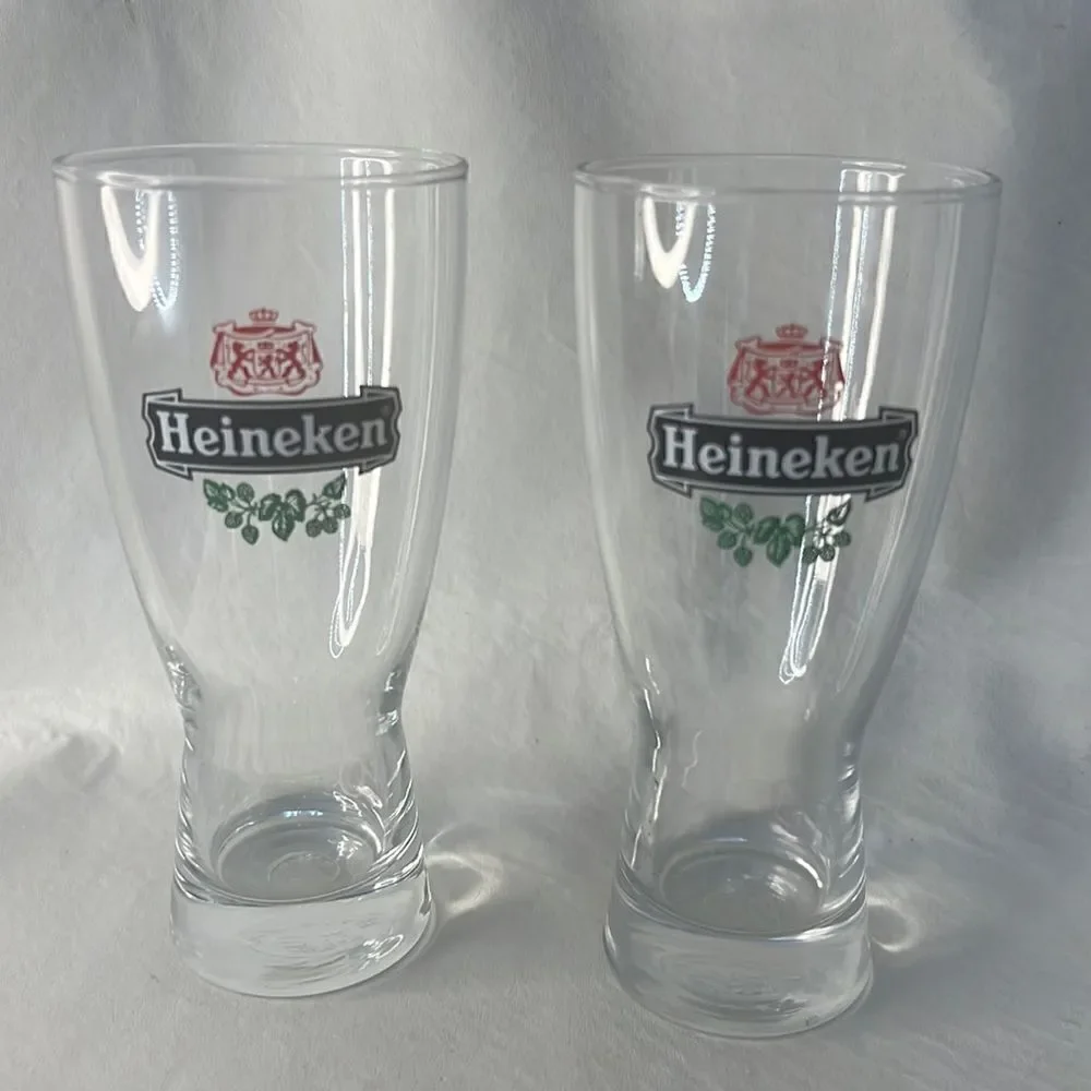 Heineken Beer Glasses Set 2 Red Black Green 12 Oz Each 6 1/2 In Tall 3 In Wide
