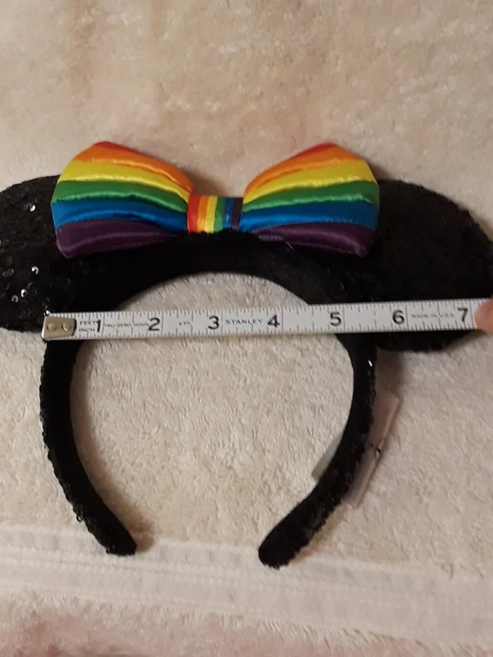 Disney Park Rainbow Collection Minnie Mouse Ears Headband Black Sequin/Satin Bow