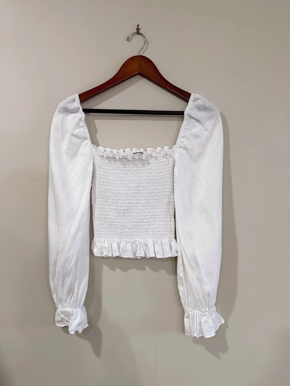 Reformation Women's XS White Linen Smocked Puff Sleeve Crop Top NWOT Coquette